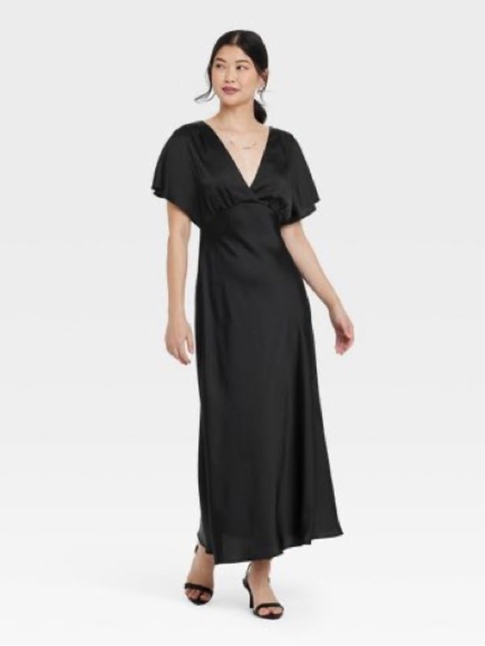 A New Day Women's Satin Flutter Short Sleeve Maxi A-Line Dress - Black, Medium